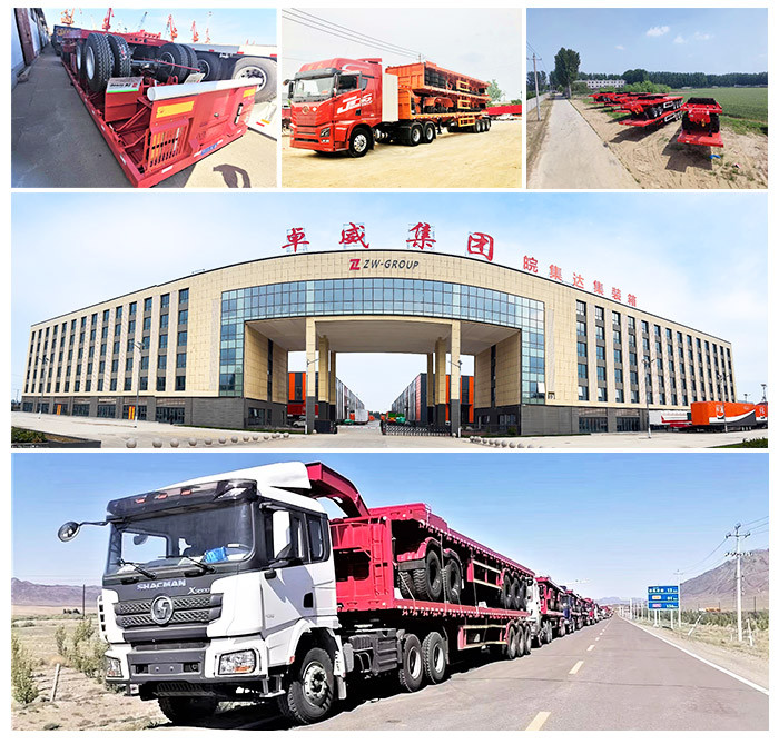 Superlink trailers from factory packing to port loading and on cargo vessel, showing drawbar connections, reinforced chassis, flatbed/lowbed/container bodies, multi-axle layout, and secured for ocean transport