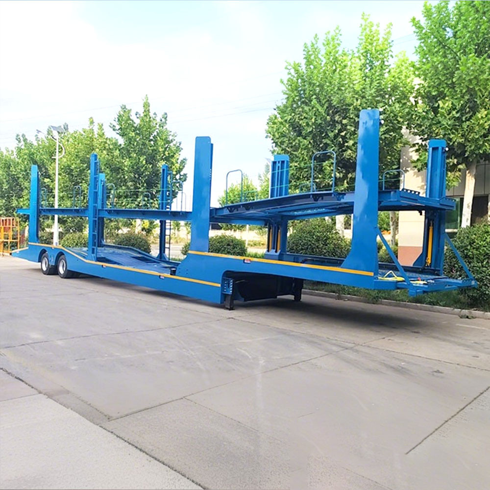 2 axle car carrier semi trailer front three quarter view highlighting vehicle transport platform and axle layout