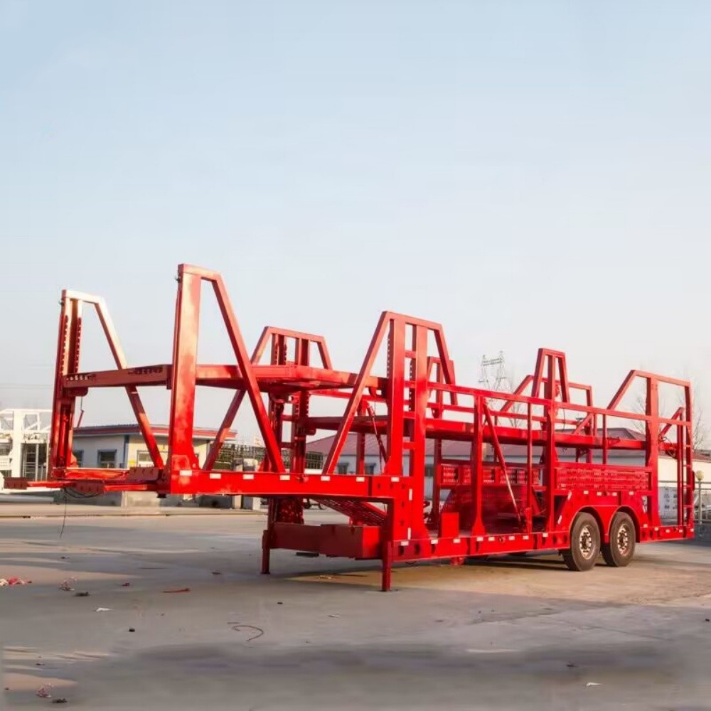 2 axle car transport trailer front three quarter view highlighting vehicle transport platform and axle layout