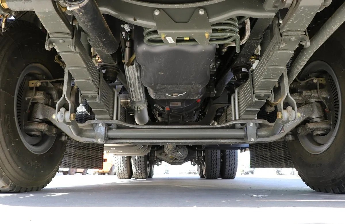 heavy duty truck chassis detail showing reinforced frame and cross members designed for stable heavy load transport