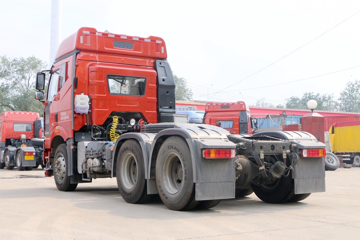 FAW J6P 350HP 6×4 tractor truck rear three quarter view showing chassis and fifth wheel coupling system