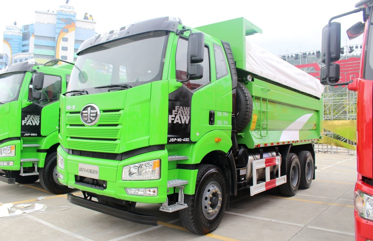 FAW J6P 6×4 dump truck front three quarter view highlighting cabin, axle layout and dump body