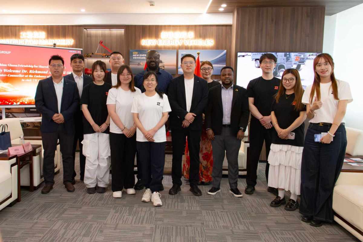 Ghana Embassy Minister-Counsellor Dr. Richmond Afotey Nii Okle posing with ZW Vehicle Group Chairman Yongchang Sun, General Manager Pierce Guo, and senior management team during official visit in Jinan, China Ghana Embassy Minister-Counsellor Dr. Richmond Afotey Nii Okle posing with ZW Vehicle Group Chairman Yongchang Sun, General Manager Pierce Guo, and senior management team during official visit in Jinan, China