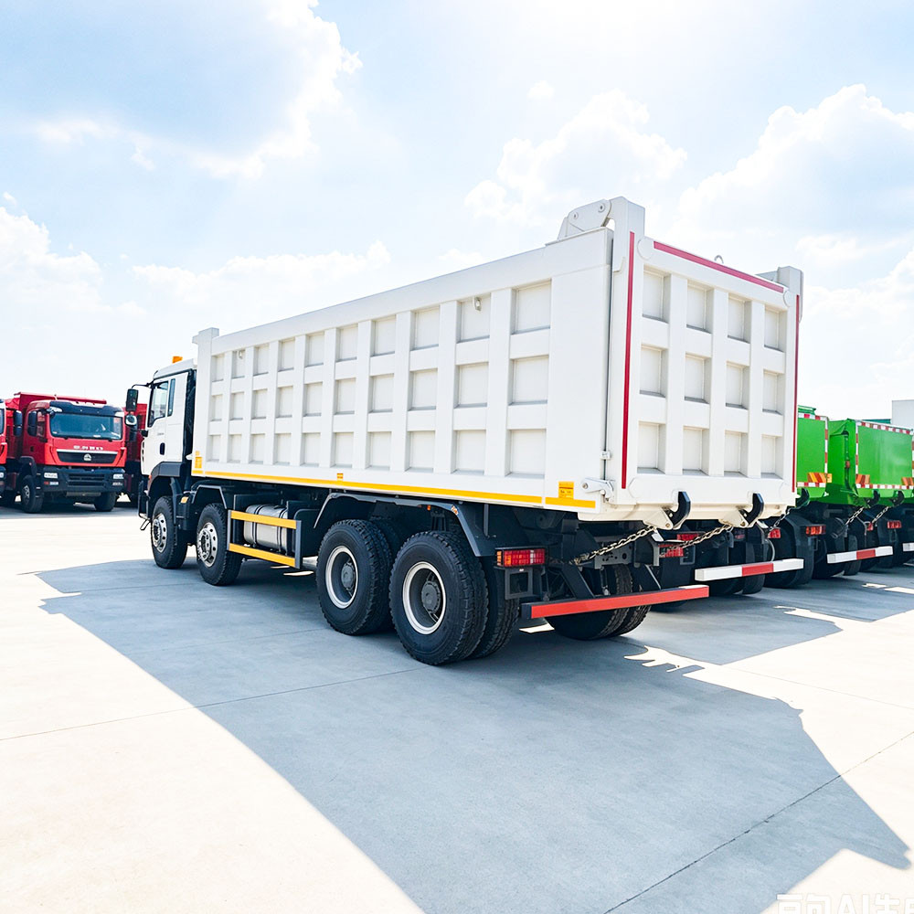 Rear right perspective of white HOWO TX 8x4 heavy duty cargo box and rear axles