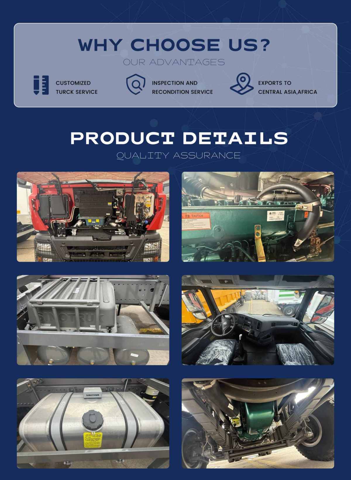 HOWO dump truck product details and advantage showcase including engine, cabin interior, fuel tank, and chassis quality 1