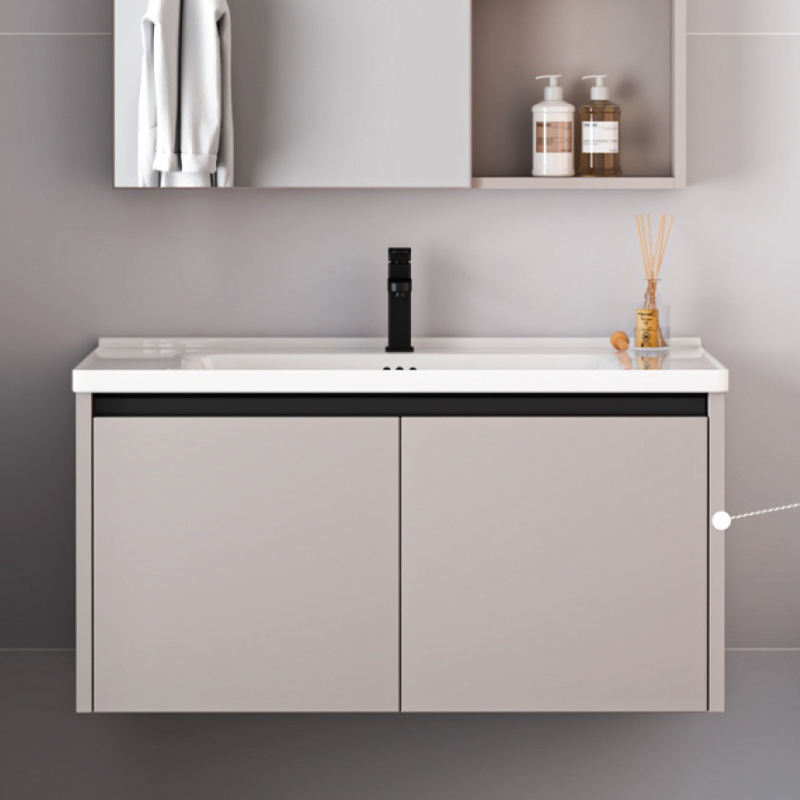 Aluminum honeycomb panel modern waterproof bathroom cabinet with ceramic basin and makeup cabinet, khaki color, suitable for hotels, apartments, and villas