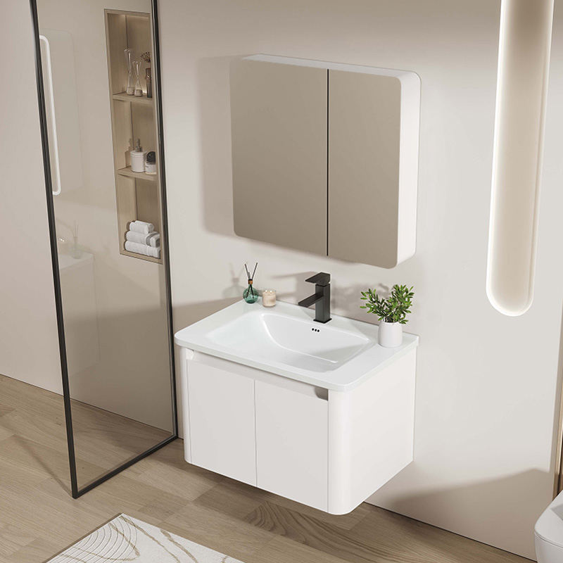 Aluminum Bathroom Vanity Cabinet Mirror with Ceramic Basin, Modern Wall-Mounted, Waterproof, Environmentally Friendly, White Finish