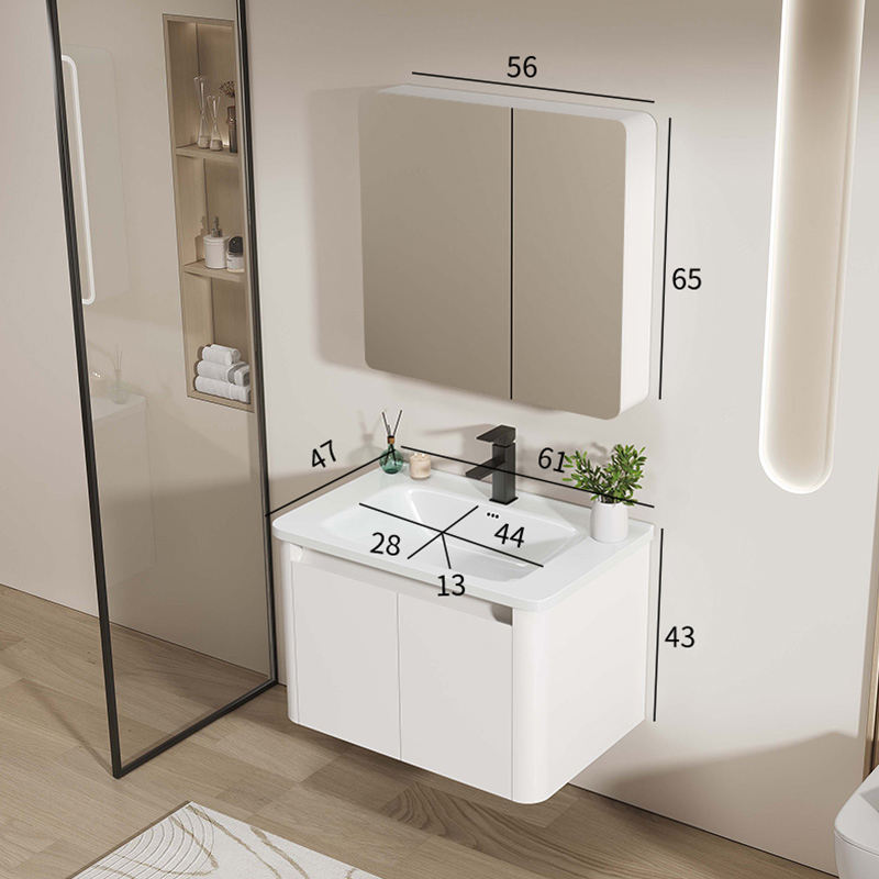Aluminum Bathroom Vanity Cabinet Mirror with Ceramic Basin, Modern Wall-Mounted, Waterproof, Environmentally Friendly, White Finish