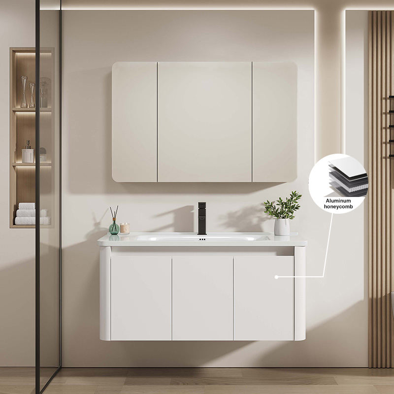 Aluminum Bathroom Vanity Cabinet Mirror with Ceramic Basin, Modern Wall-Mounted, Waterproof, Environmentally Friendly, White Finish