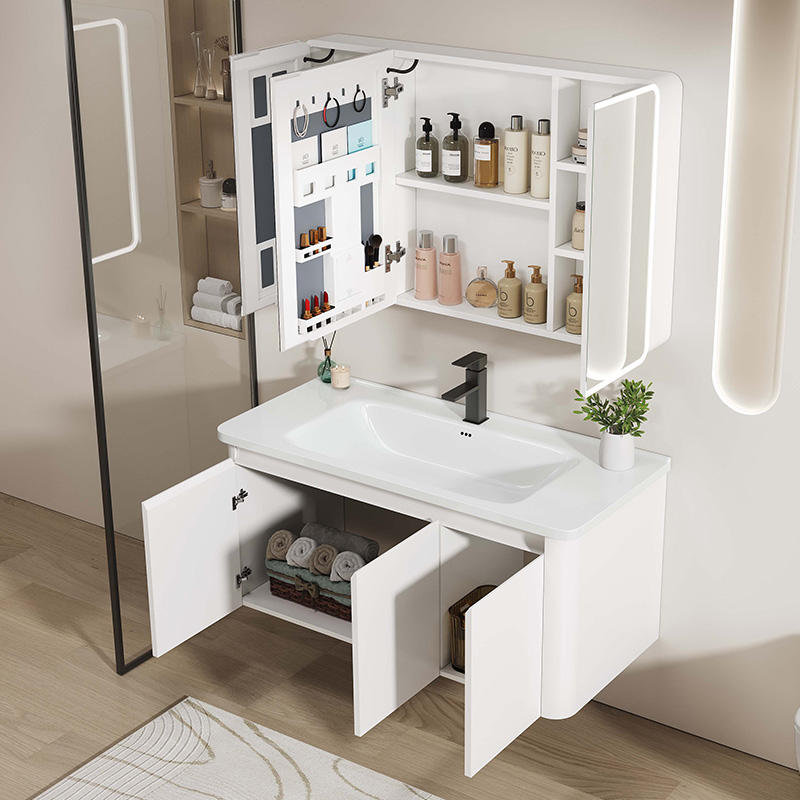 Aluminum Bathroom Vanity Cabinet Mirror with Ceramic Basin, Modern Wall-Mounted, Waterproof, Environmentally Friendly, White Finish