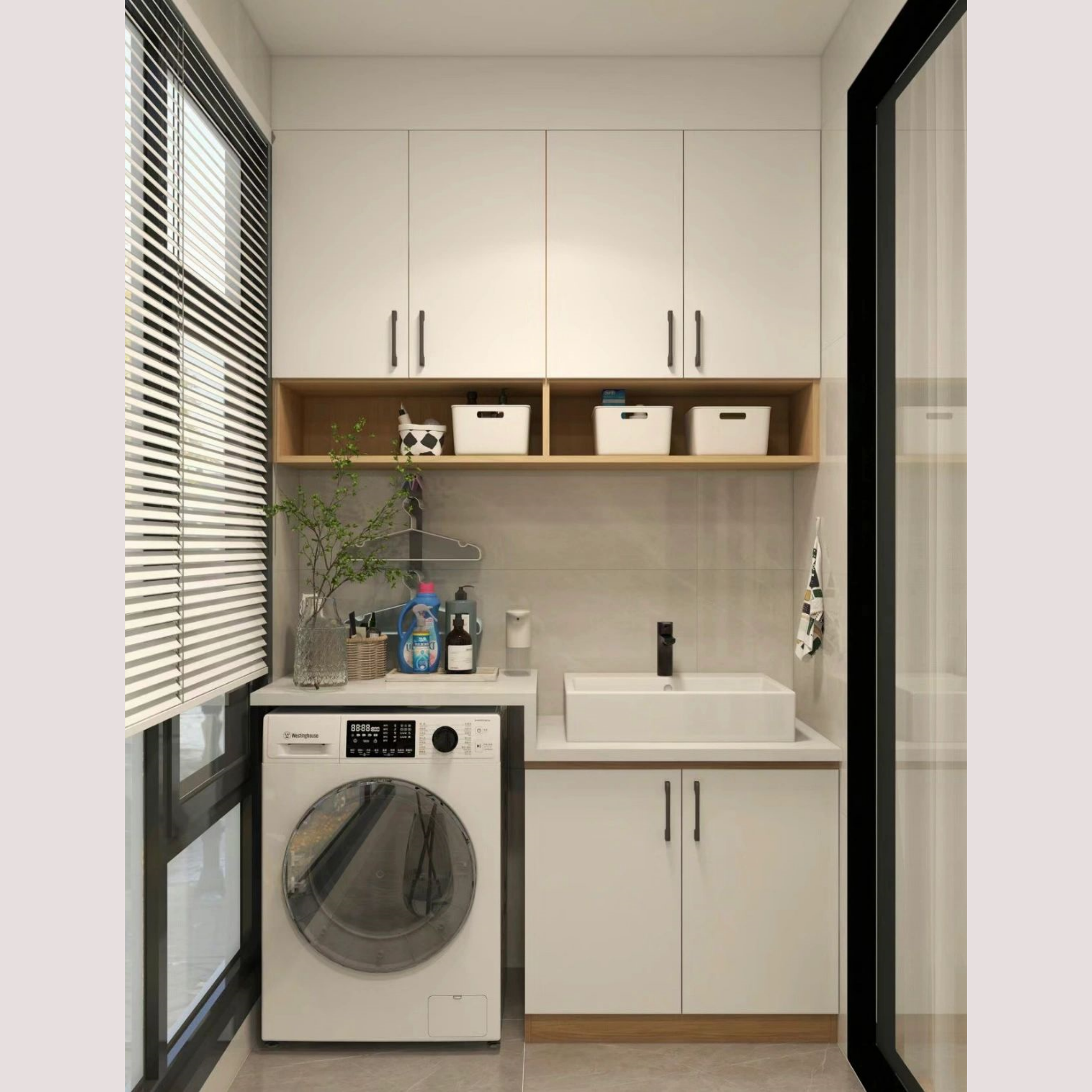Custom Modern Eco-Friendly Washing Machine Balcony Integrated Countertop Basin Cabinet with Large Capacity Wooden Design