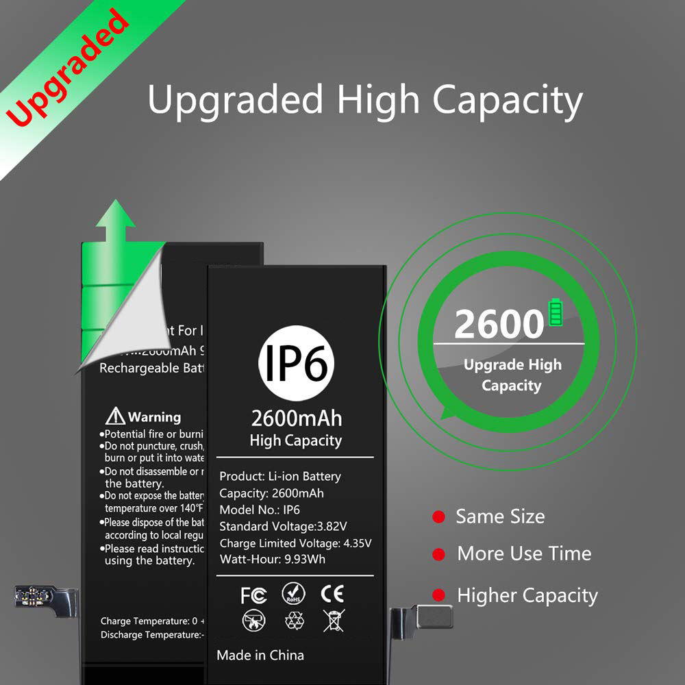 Batterie de téléphone portable de haute qualité compatible avec iPhone 5, 5S, 6, 6S, XR, grande capacité 2200mAh, compatible avec iPhone 8 Plus