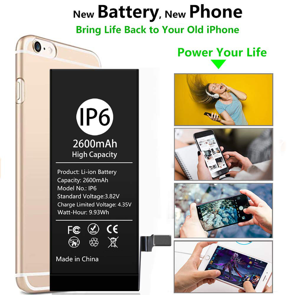 Batterie de téléphone portable de haute qualité compatible avec iPhone 5, 5S, 6, 6S, XR, grande capacité 2200mAh, compatible avec iPhone 8 Plus