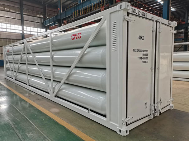 40-foot CNG/hydrogen tubing container skid-mounted; 4130X steel, for natural gas and chemical storage.
