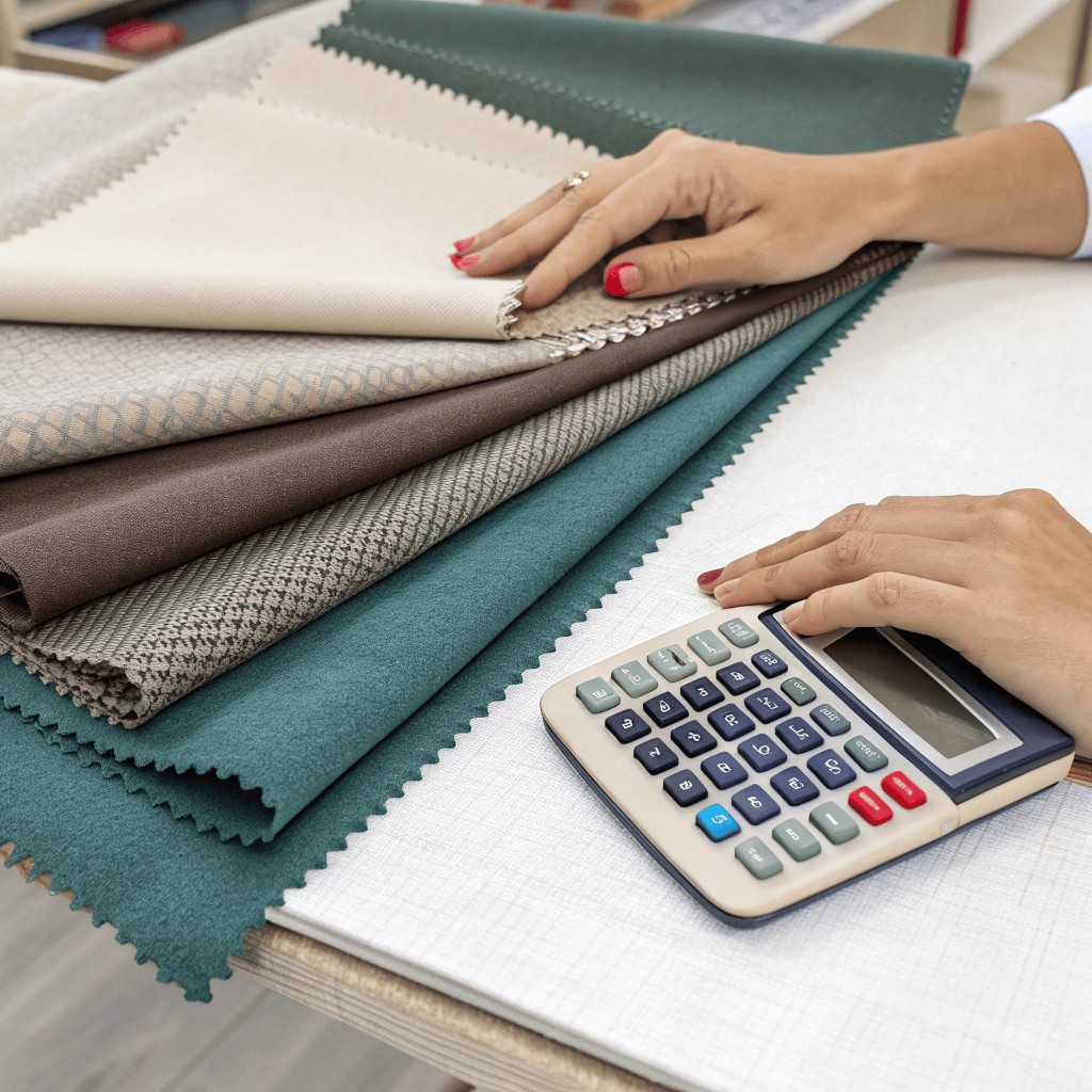 a hand touching different fabric samples next to a a hand touching different fabric samples next to a