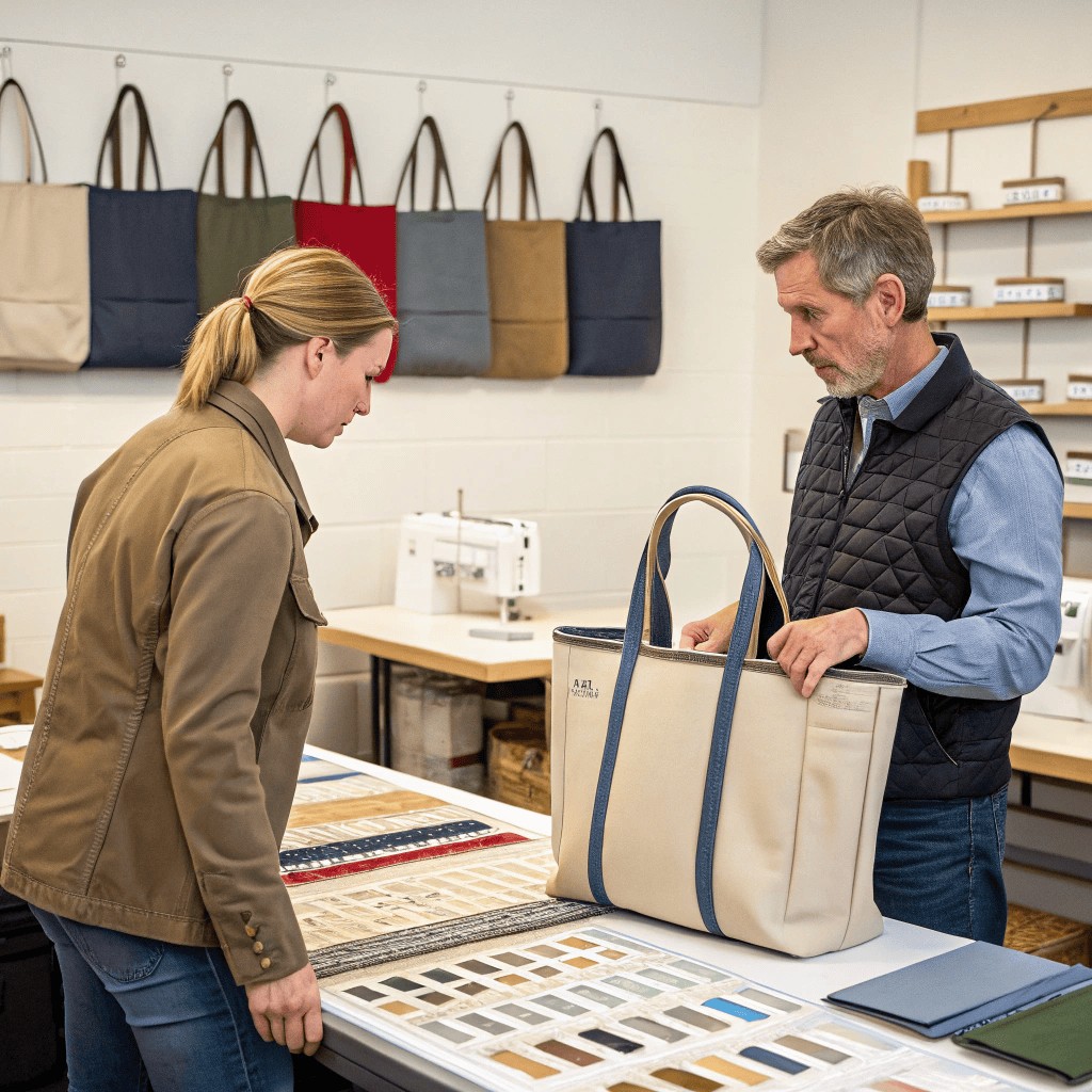 one customer looking at fabric samples with a tote one customer looking at fabric samples with a tote