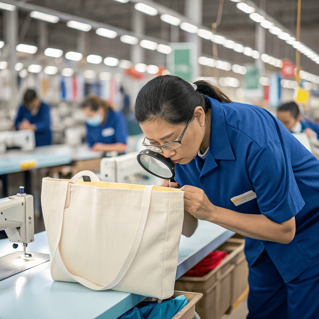 a factory manager inspecting the stitch quality of a factory manager inspecting the stitch quality of