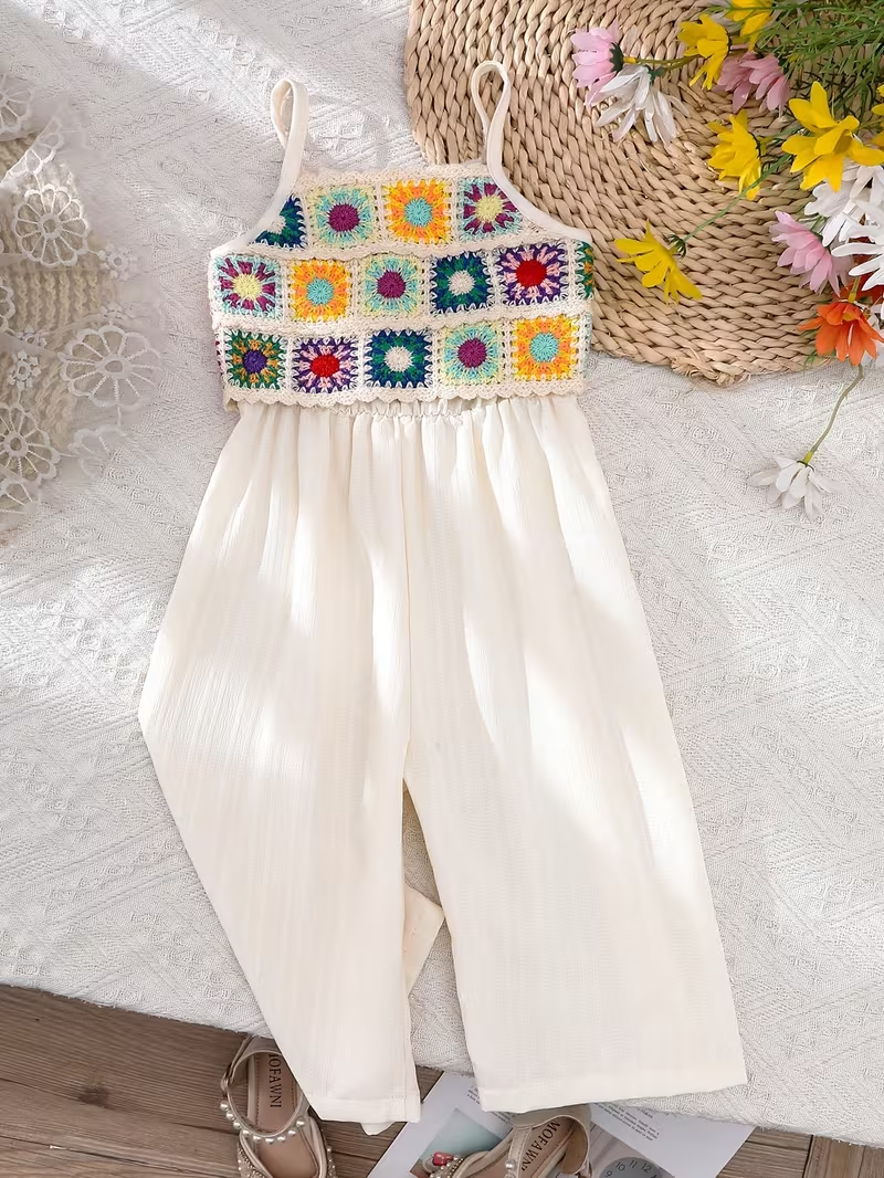 Girls' Fashion Bodysuit with Ethnic Embroidery and Patchwork Strap Long Pants Jumpsuit, Perfect for Outdoor Girls' Fashion Bodysuit with Ethnic Embroidery and Patchwork Strap Long Pants Jumpsuit, Perfect for Outdoor
