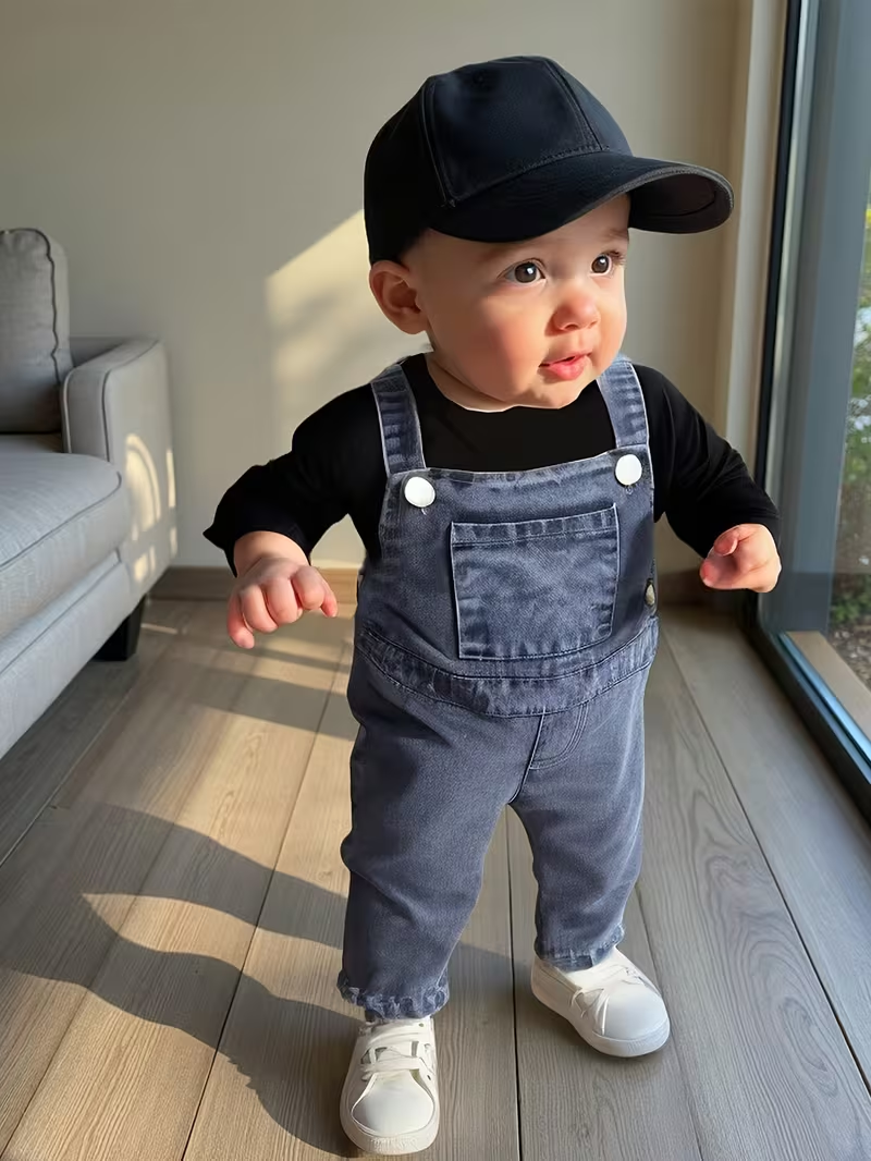 Baby Boy 2pcs Set Toddler Boy Straps Jeans Overalls + Long Sleeve T-Shirt Top Tees Toddler Boys Clothes, Perfect for Outdoor