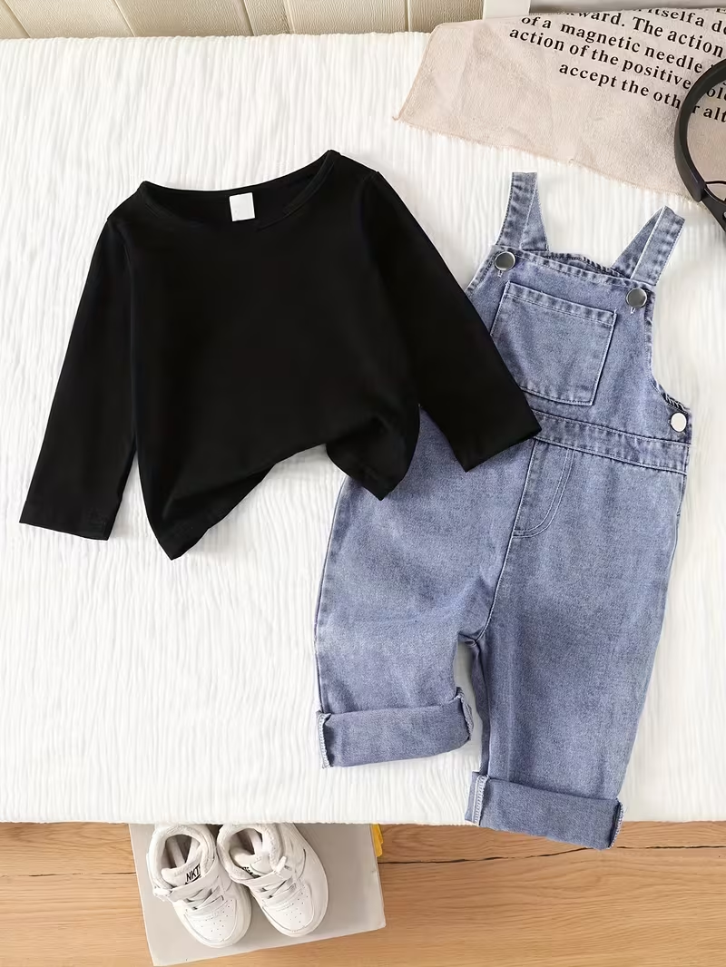 Baby Boy 2pcs Set Toddler Boy Straps Jeans Overalls + Long Sleeve T-Shirt Top Tees Toddler Boys Clothes, Perfect for Outdoor