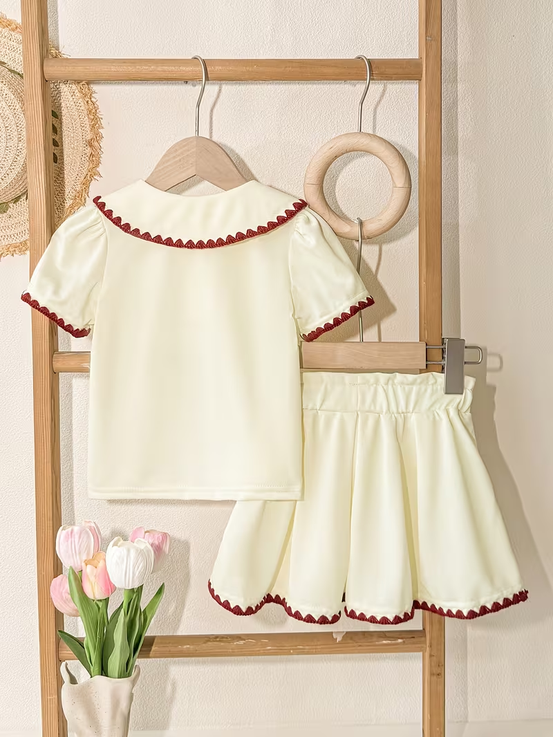 Girls' Dress Set Cute Doll Collar Strawberry Embroidery Short Sleeve Top + Half-Skirt Casual Outdoor 2pcs Outfit, Perfect for Outdoor