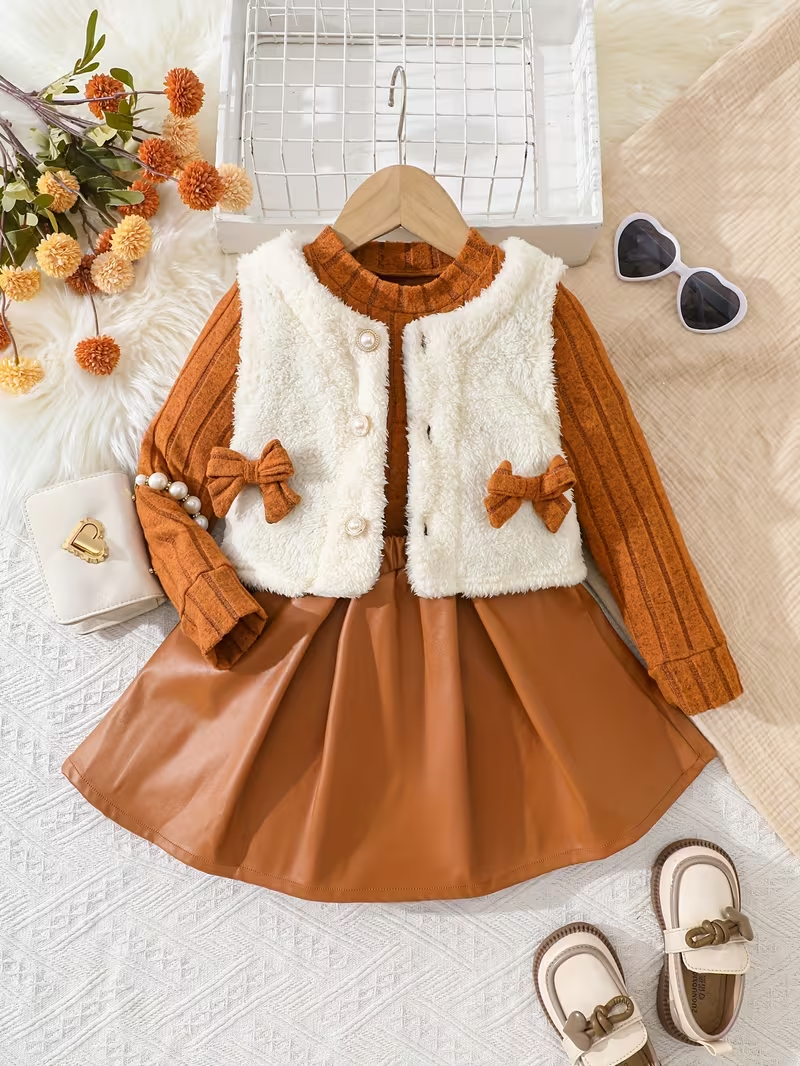 Three-Piece Set for Girls Featuring a Long-Sleeve Ribbed Top for Autumn And Winter, a Sweater Vest with Bow Tie Button Decoration, And a Short Skirt for Outdoor Casual Wear