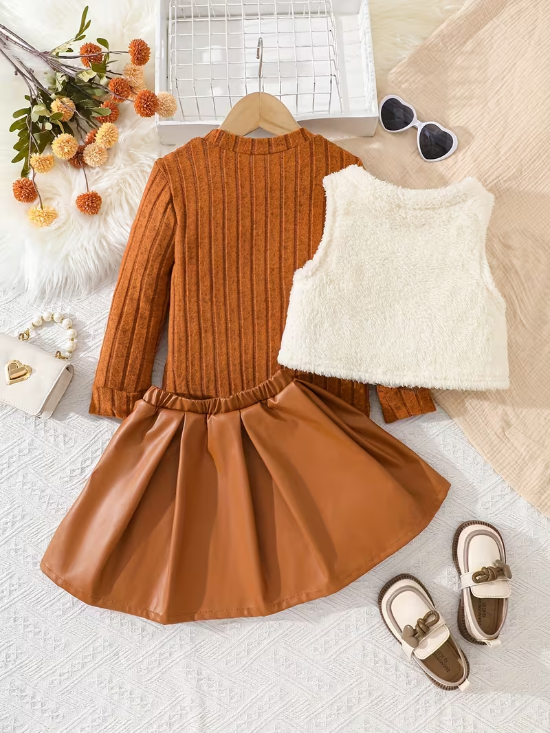 Three-Piece Set for Girls Featuring a Long-Sleeve Ribbed Top for Autumn And Winter, a Sweater Vest with Bow Tie Button Decoration, And a Short Skirt for Outdoor Casual Wear