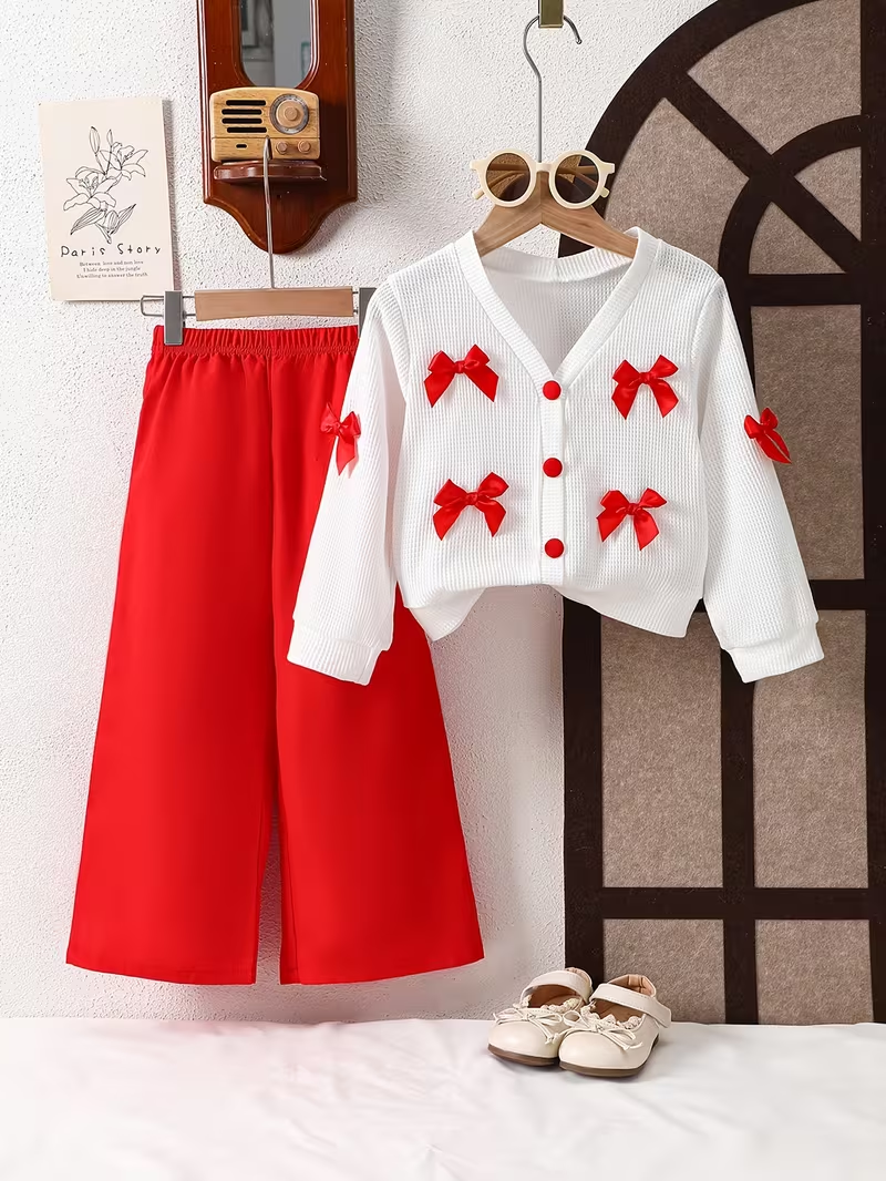 2pcs Outfit  Bow Cardigan V Neck Long Sleeve Jacket + Red Pants Set  Elegant, Slight Stretch Fabric, Solid Color, Casual Fit