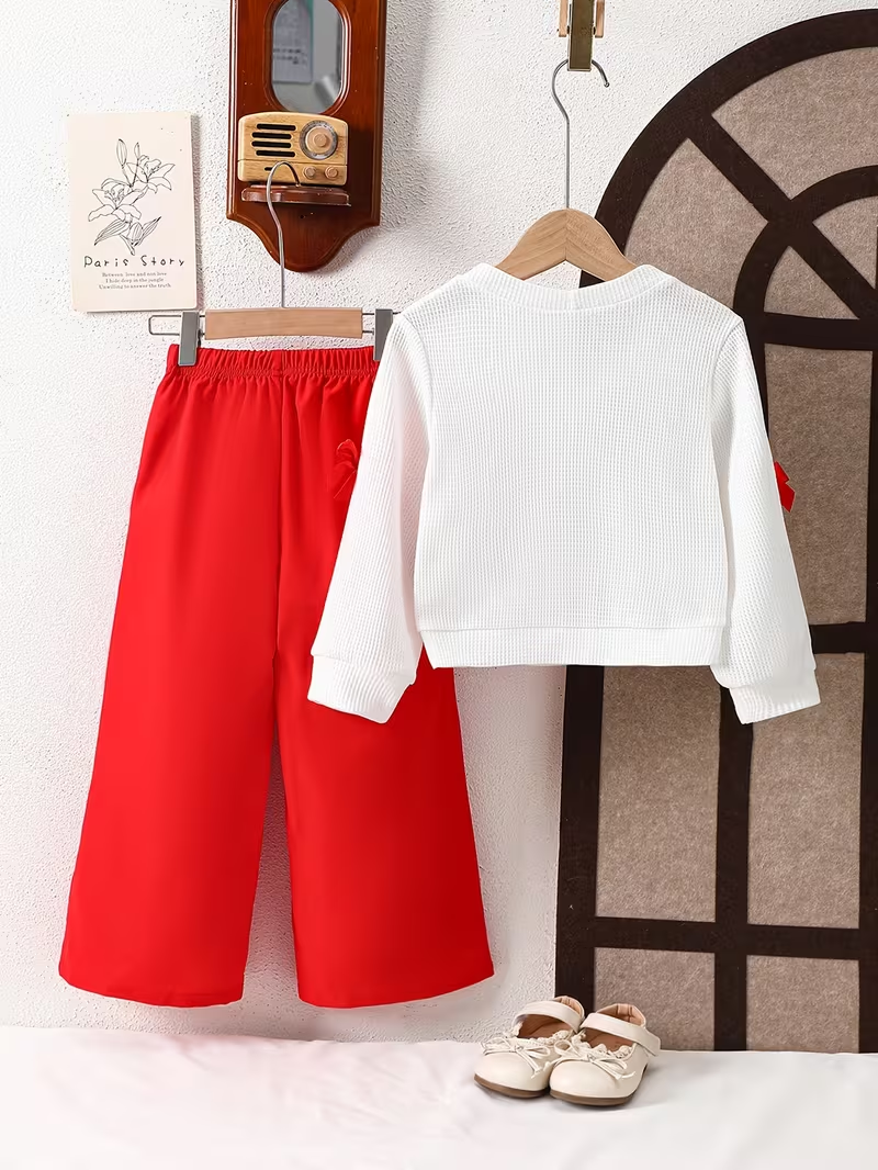 2pcs Outfit  Bow Cardigan V Neck Long Sleeve Jacket + Red Pants Set  Elegant, Slight Stretch Fabric, Solid Color, Casual Fit