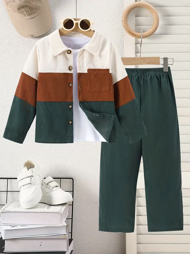Boys Fall Winter Clothes Boy Outfits Patchwork Button Tops Shirt+Corduroy Solid Color Casual Pants Suit Boys 2pcs Set, Perfect for Outdoor