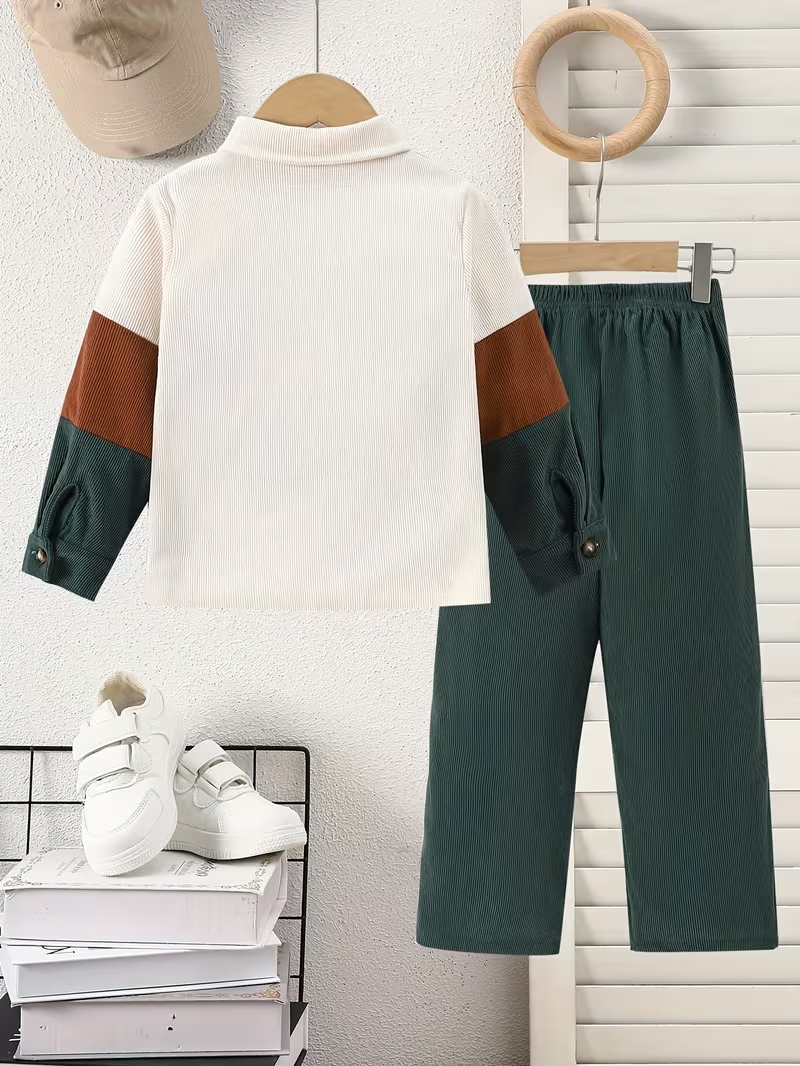 Boys Fall Winter Clothes Boy Outfits Patchwork Button Tops Shirt+Corduroy Solid Color Casual Pants Suit Boys 2pcs Set, Perfect for Outdoor
