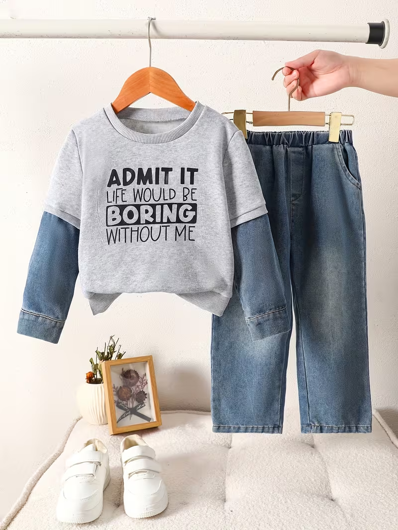 Boys' 2pcs Set Featuring Casual And Versatile Stylish Streetwear, Including a Easy Color-Blocked Sweatshirt with Denim Sleeves And Letter Prints, Paired with Denim Long Pants. Suitable for Aut