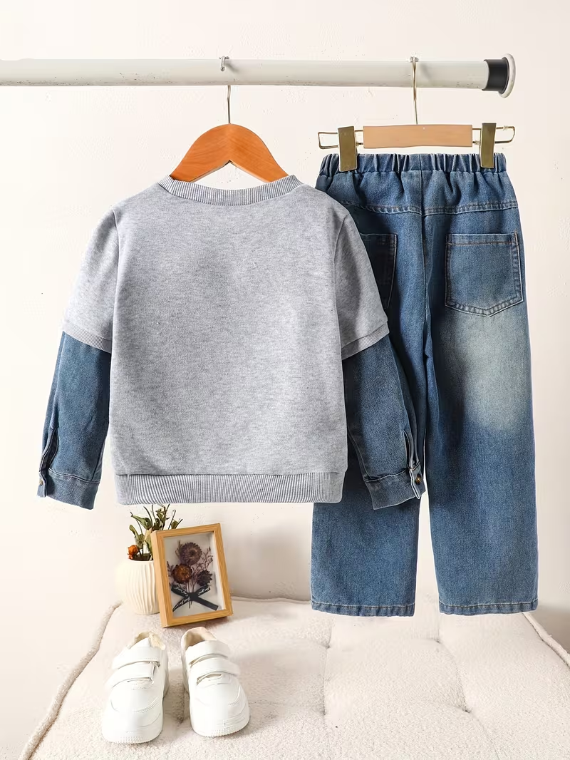 Boys' 2pcs Set Featuring Casual And Versatile Stylish Streetwear, Including a Easy Color-Blocked Sweatshirt with Denim Sleeves And Letter Prints, Paired with Denim Long Pants. Suitable for Aut