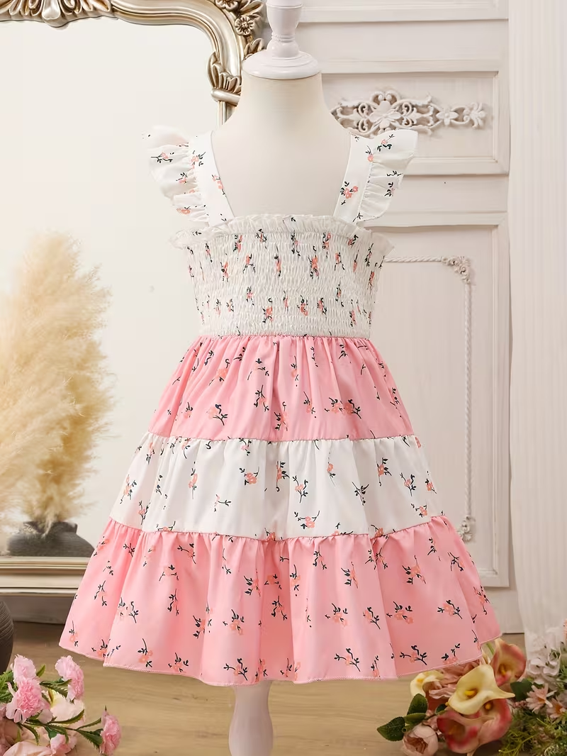 Girls Floral Dresses Sleeveless Ruffle Layered Dress Princess Printed A-line Sundress