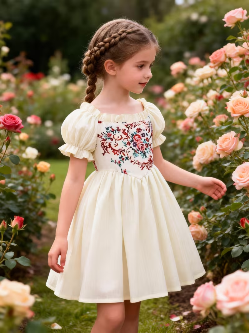 Elegant Girls Dress  Rose Flower Print Puff Sleeve Ruffle Square Neck Casual Skirt, Non-Stretch Fabric, Regular Fit
