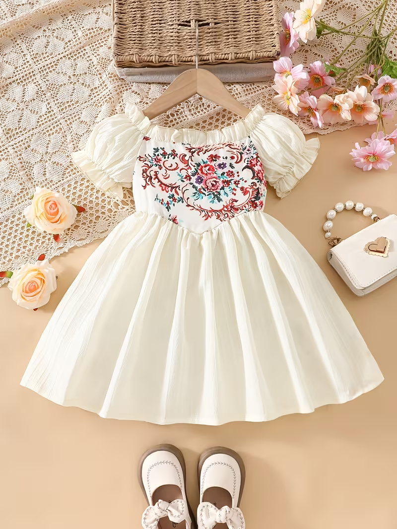 Elegant Girls Dress  Rose Flower Print Puff Sleeve Ruffle Square Neck Casual Skirt, Non-Stretch Fabric, Regular Fit