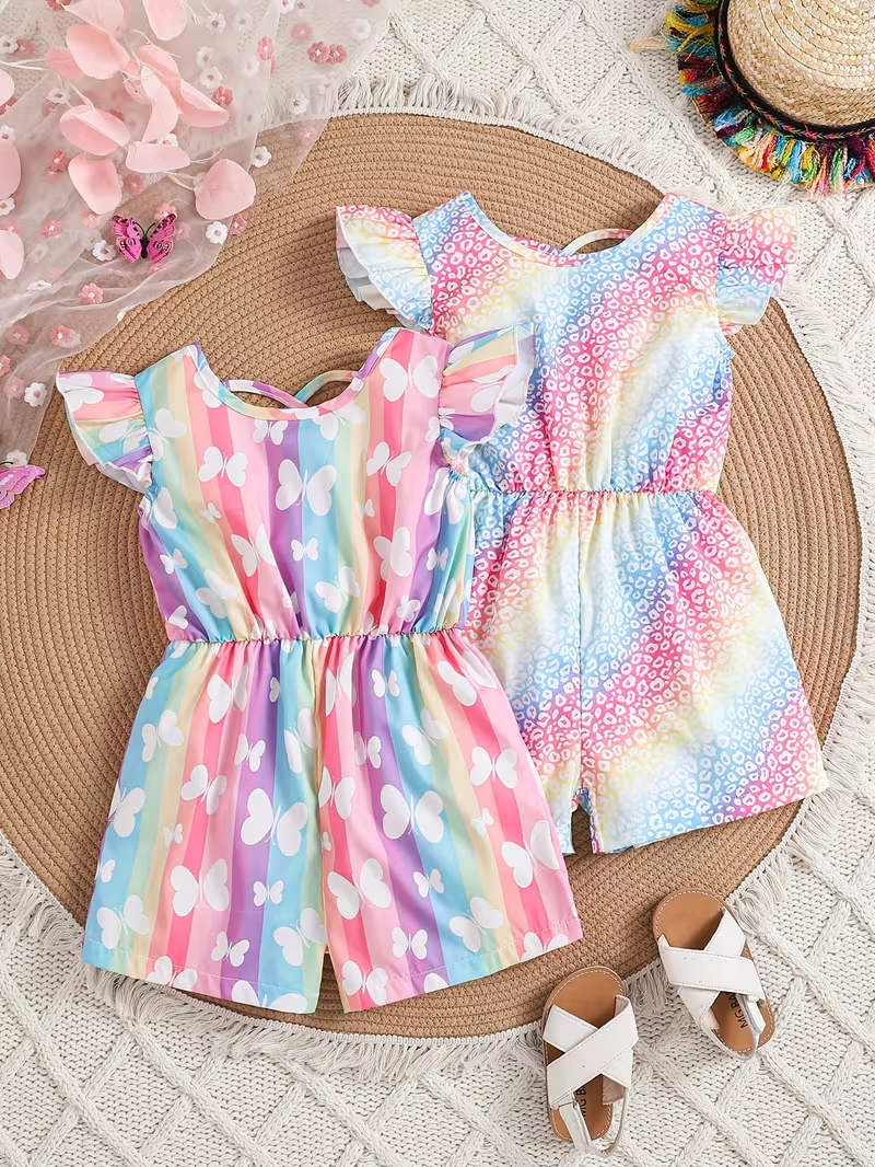 Girls' Summer Colorful Print Striped and Butterfly Pattern Backless Flutter Sleeve Romper Set for Beach Outings, 2pcs, Perfect for Outdoor Girls' Summer Colorful Print Striped and Butterfly Pattern Backless Flutter Sleeve Romper Set for Beach Outings, 2pcs, Perfect for Outdoor