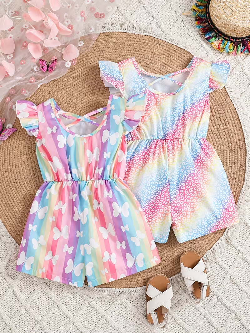 Girls' Summer Colorful Print Striped and Butterfly Pattern Backless Flutter Sleeve Romper Set for Beach Outings, 2pcs, Perfect for Outdoor Girls' Summer Colorful Print Striped and Butterfly Pattern Backless Flutter Sleeve Romper Set for Beach Outings, 2pcs, Perfect for Outdoor