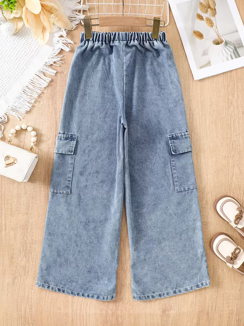Loose Straight-Leg Work Jeans for Girls, Wide-Leg Denim Pants for Young Children with Pockets, Casual Streetwear Loose Straight-Leg Work Jeans for Girls, Wide-Leg Denim Pants for Young Children with Pockets, Casual Streetwear