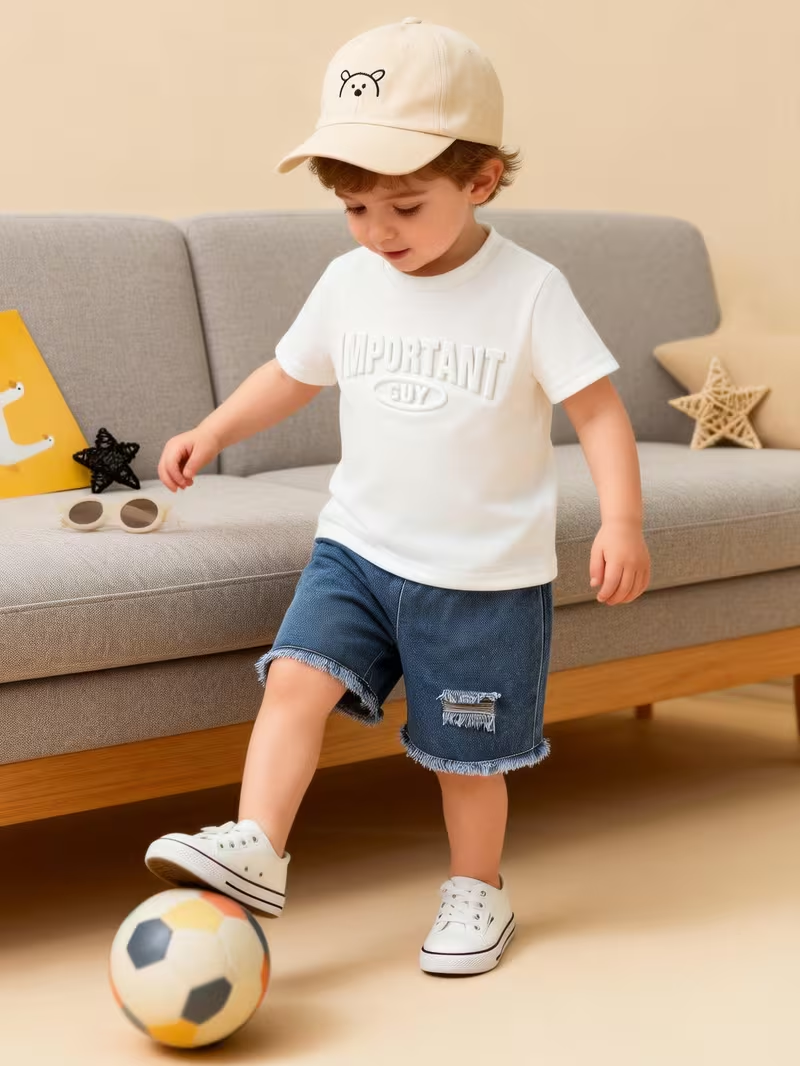 Toddler Baby Boy Clothes Outfit Summer Letter Pattern T Shirt And Ripped Denim Shorts 2pcs Set, for Outdoor Toddler Baby Boy Clothes Outfit Summer Letter Pattern T Shirt And Ripped Denim Shorts 2pcs Set, for Outdoor
