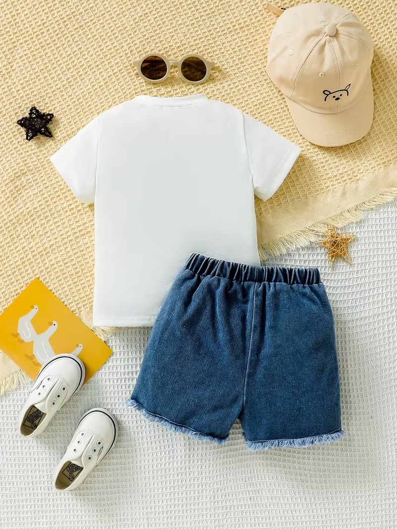Toddler Baby Boy Clothes Outfit Summer Letter Pattern T Shirt And Ripped Denim Shorts 2pcs Set, for Outdoor Toddler Baby Boy Clothes Outfit Summer Letter Pattern T Shirt And Ripped Denim Shorts 2pcs Set, for Outdoor