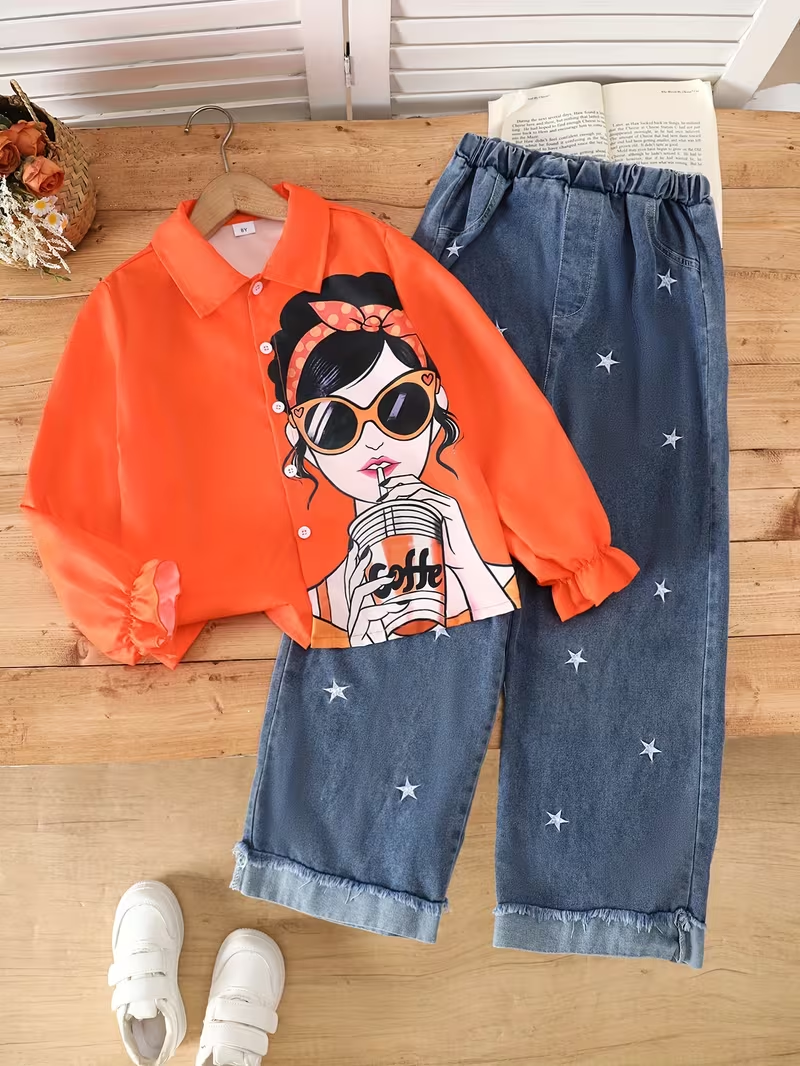 Girls' autumn and winter denim pants two-piece set with stylish cartoon character printed long sleeved shirt top+pentagram and hairy edge jeans casual versatile girls' denim set, Perfect for Outdoor Girls' autumn and winter denim pants two-piece set with stylish cartoon character printed long sleeved shirt top+pentagram and hairy edge jeans casual versatile girls' denim set, Perfect for Outdoor