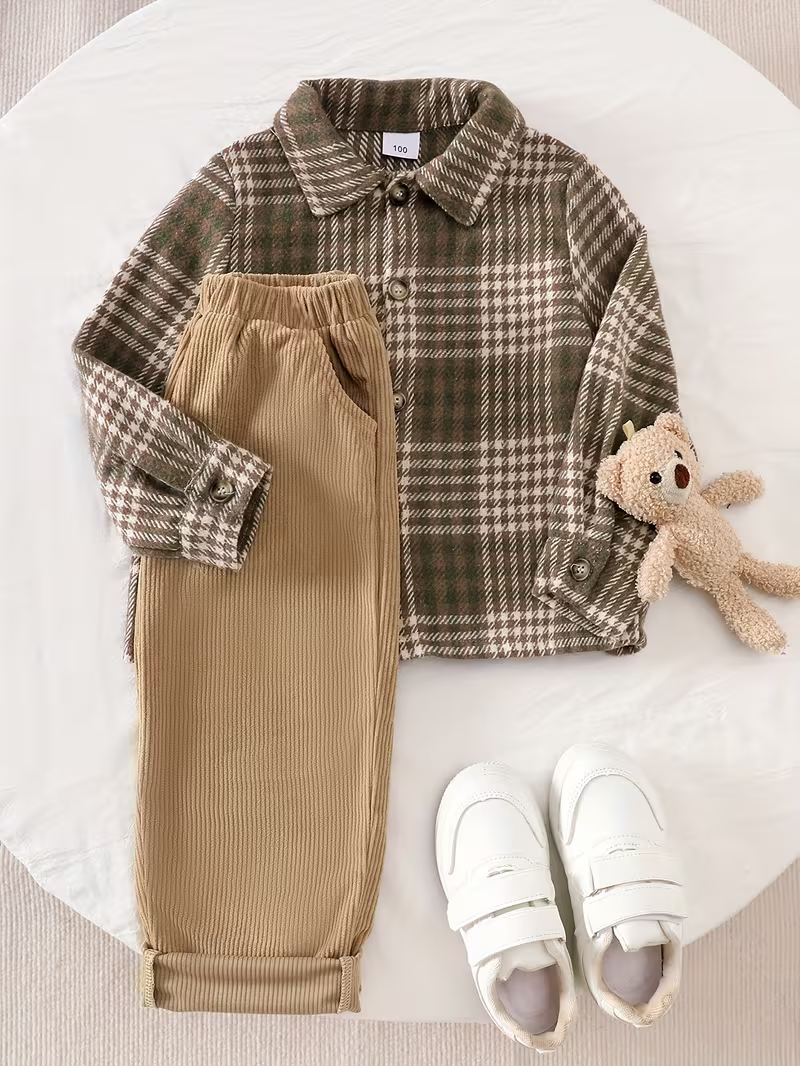 Boys' 2pcs Set Featuring a Long-Sleeve Checkered Button-Up Shirt Jacket And Solid Color Corduroy Long Pants, Suitable for Spring And Autumn Wear, for Outdoor Boys' 2pcs Set Featuring a Long-Sleeve Checkered Button-Up Shirt Jacket And Solid Color Corduroy Long Pants, Suitable for Spring And Autumn Wear, for Outdoor