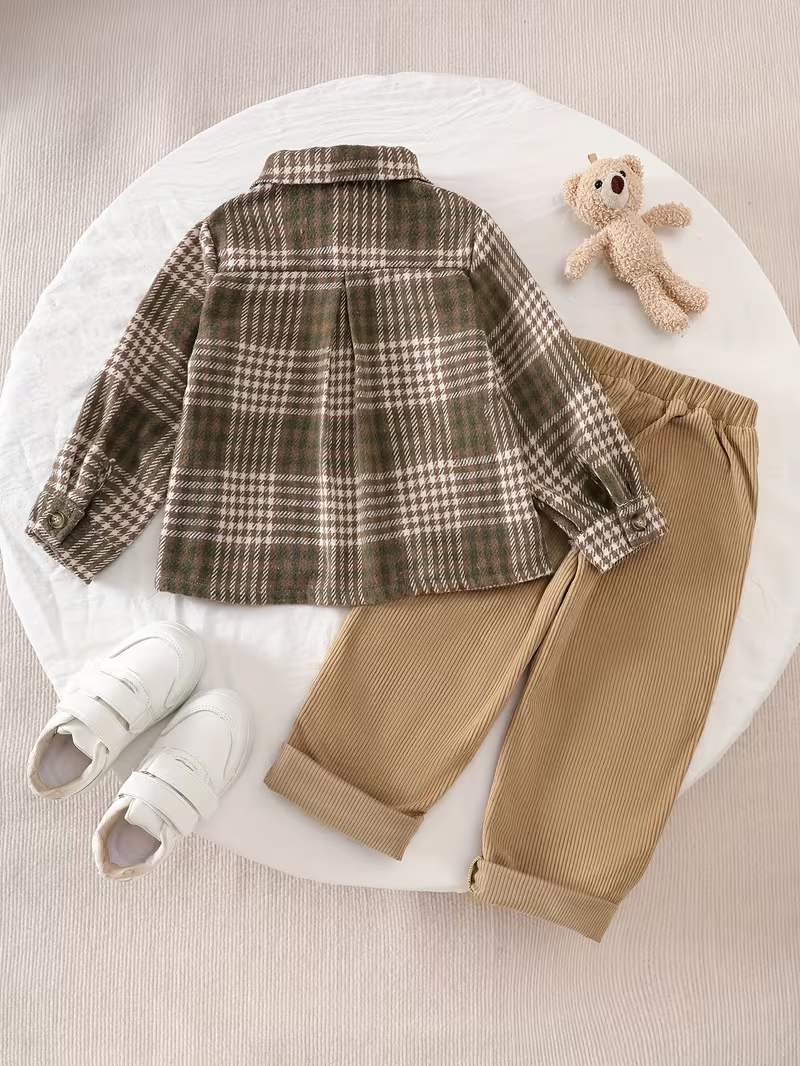 Boys' 2pcs Set Featuring a Long-Sleeve Checkered Button-Up Shirt Jacket And Solid Color Corduroy Long Pants, Suitable for Spring And Autumn Wear, for Outdoor Boys' 2pcs Set Featuring a Long-Sleeve Checkered Button-Up Shirt Jacket And Solid Color Corduroy Long Pants, Suitable for Spring And Autumn Wear, for Outdoor