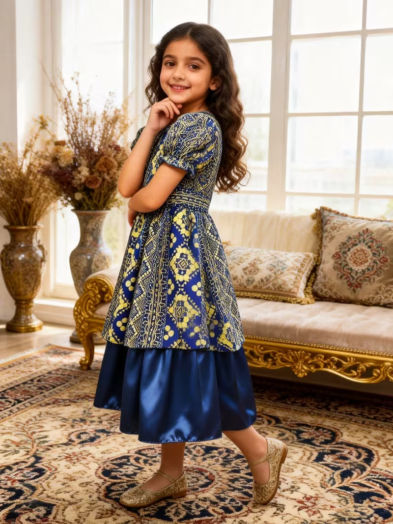 Middle Eastern Girl Bohemian Dress | East Dubai Arab Ethnic, Geometric Print, Round Neck, Bubble Short Sleeve, Non-Stretch Fabric, Perfect for Girls, Spring/Summer Middle Eastern Girl Bohemian Dress | East Dubai Arab Ethnic, Geometric Print, Round Neck, Bubble Short Sleeve, Non-Stretch Fabric, Perfect for Girls, Spring/Summer