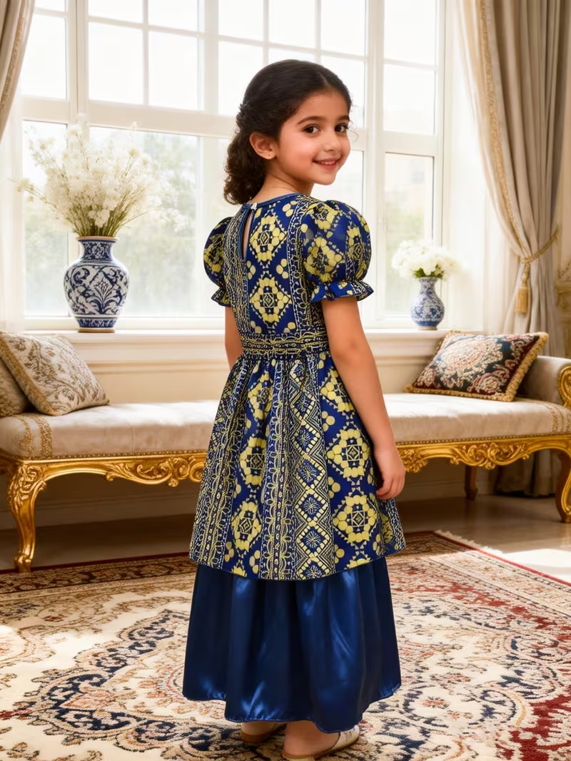 Middle Eastern Girl Bohemian Dress | East Dubai Arab Ethnic, Geometric Print, Round Neck, Bubble Short Sleeve, Non-Stretch Fabric, Perfect for Girls, Spring/Summer Middle Eastern Girl Bohemian Dress | East Dubai Arab Ethnic, Geometric Print, Round Neck, Bubble Short Sleeve, Non-Stretch Fabric, Perfect for Girls, Spring/Summer