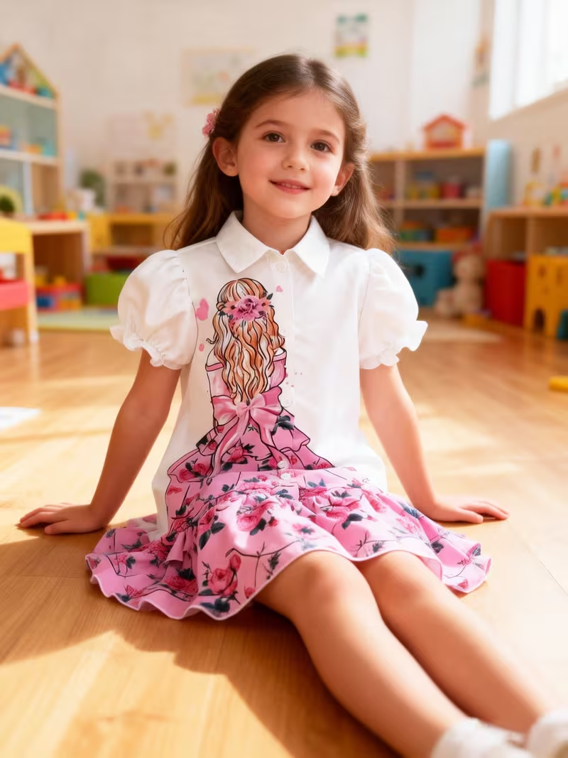 Fashionable Shirt Dress with a Casual And Cute Silhouette Print, Perfect for Summer Princess Outfits for Children Fashionable Shirt Dress with a Casual And Cute Silhouette Print, Perfect for Summer Princess Outfits for Children