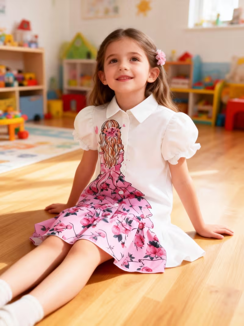 Fashionable Shirt Dress with a Casual And Cute Silhouette Print, Perfect for Summer Princess Outfits for Children Fashionable Shirt Dress with a Casual And Cute Silhouette Print, Perfect for Summer Princess Outfits for Children