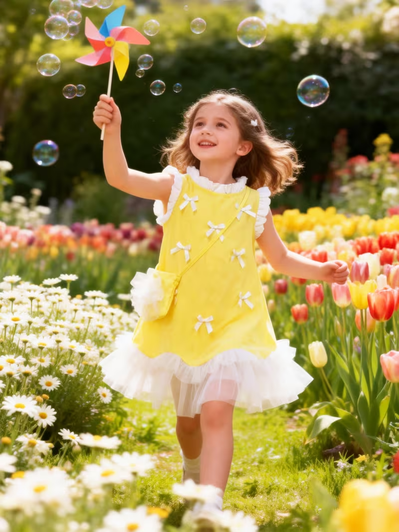 Yellow Dress for Girls Summer Elegant Mesh Splice Bow Decor A-Line Dress Pair with a Bag Kids Princess Tulle Skirt Yellow Dress for Girls Summer Elegant Mesh Splice Bow Decor A-Line Dress Pair with a Bag Kids Princess Tulle Skirt