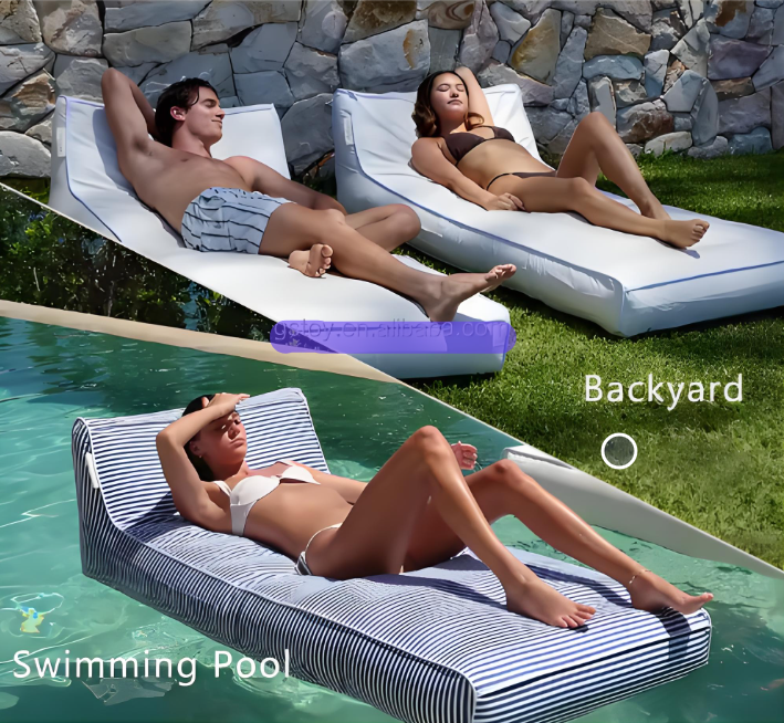 Inflatable lounge chair for swimming pool and beach